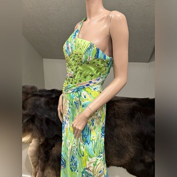 Chic Design One-Shoulder Floral-print Beaded Chiffon Evening Dress - Picture 13 of 16